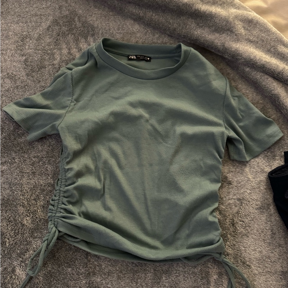 Zara Sage Green Ruched Short Sleeve Top